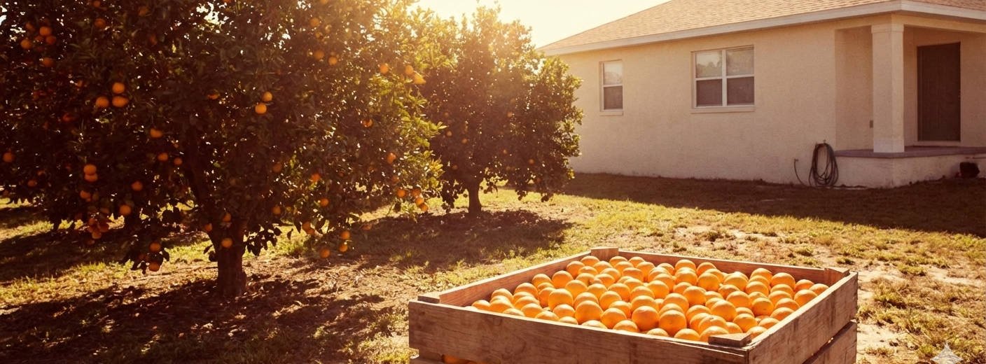 An orange tree in a front yard