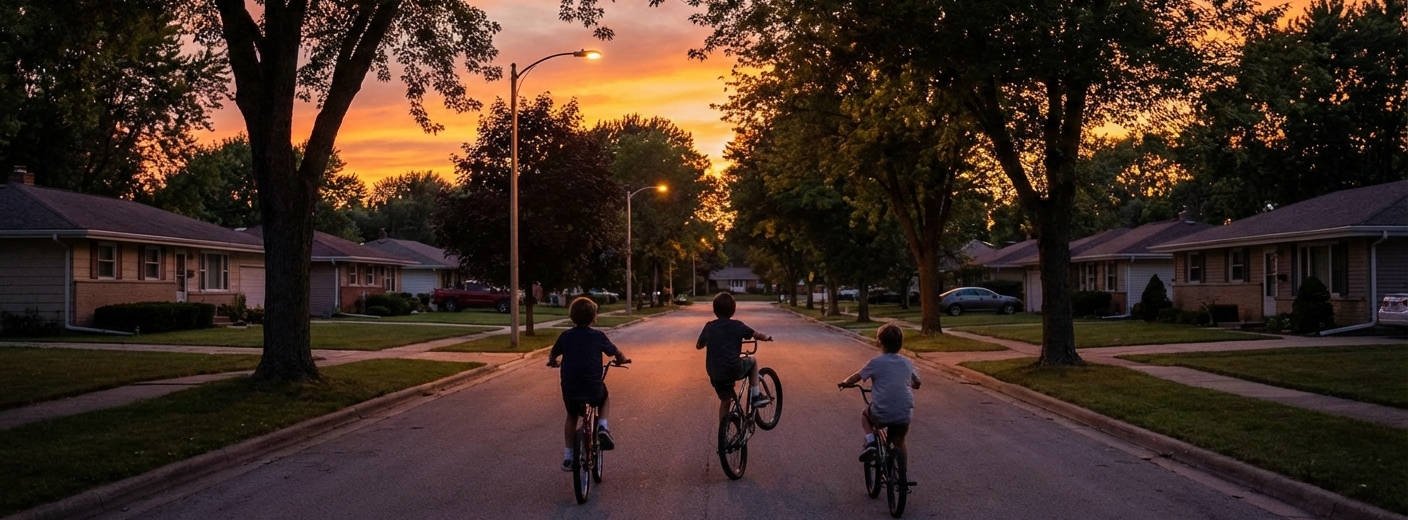 Kids riding bikes at night under street lights